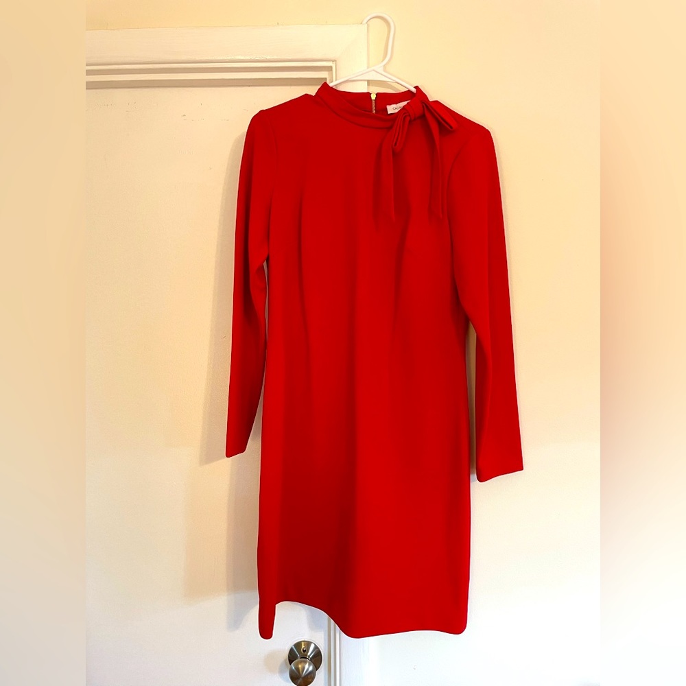 Calvin Klein Bow Collar Long Sleeve Mini Dress, Red 10
